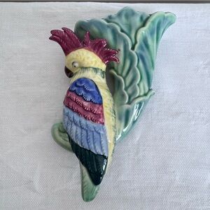 Vintage Kitsch Ceramic wall pocket vase featuring a colorful parrot, bird